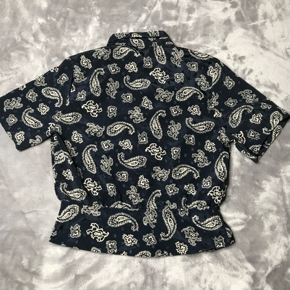 Russ Petites Vintage Navy Blue Paisley Button Up Short Sleeve Peplum Blouse - Picture 5 of 10